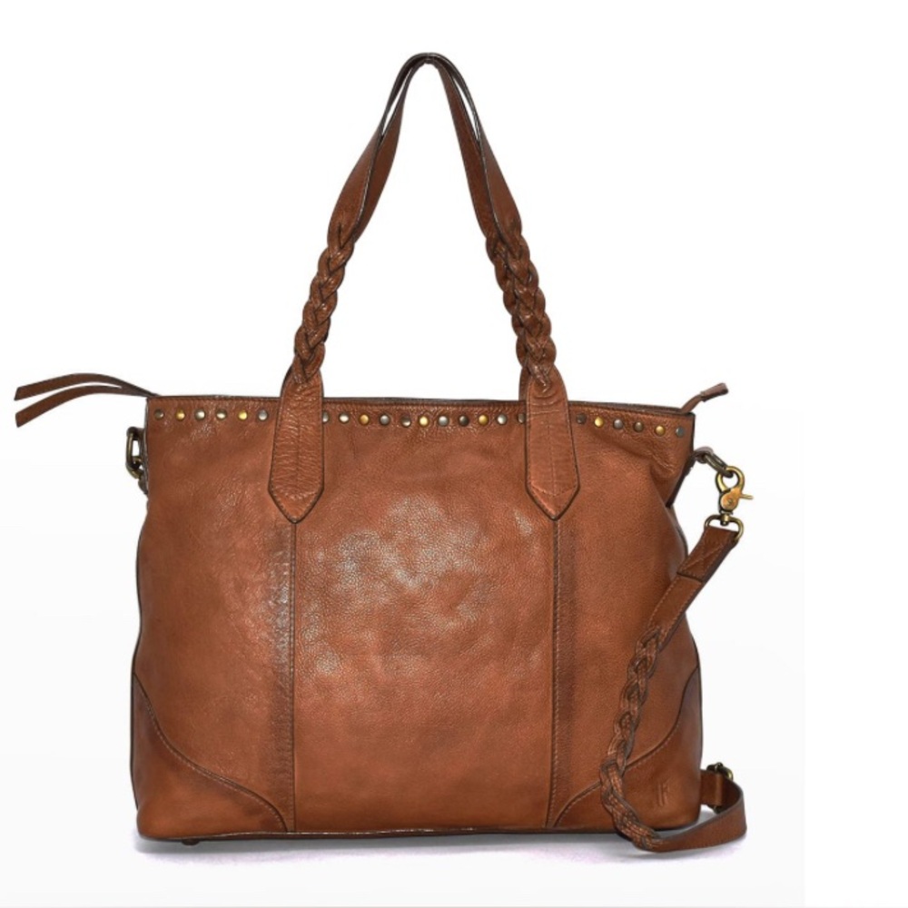 FRYE Soraya Shopper Shoulder Bag Cognac Leather Studded Satchel Crossbody Tote